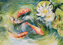 Colorful Fishes Swimming In Pond .Picture Created With Watercolors.