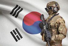 Soldier In Helmet Holding Machine Gun With Flag On Background Series - South Korea