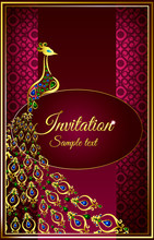 Wedding Invitation Or Card With A Peacock Gem Stones On Abstract Background. Islam, Arabic, Indian, Dubai Decoration With Pattern