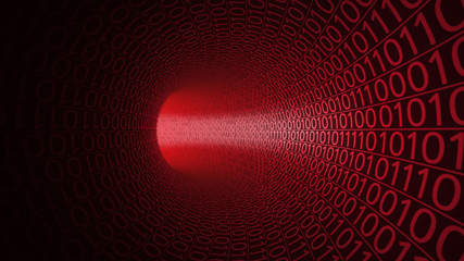 Abstract red tunnel made with zeros and ones. Modern background. Computers, binary data transfer, digital technologies concepts. 3D rendering
