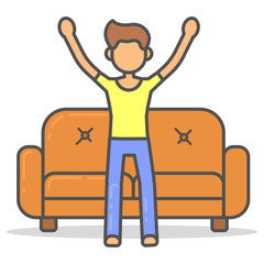 Wall Mural - Man stand next to the couch in room flat style. Vector character near sofa line illustration.