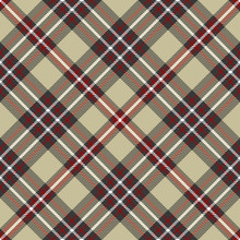 Seamless Plaid Pattern In Red, Black & White Stripes On Beige Background. 