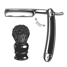 Monochrome Illustration Of Straight Razor And Shaving Brush. Isolated On White Background