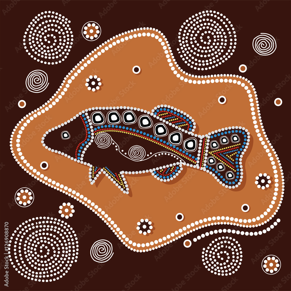 Aboriginal art vector painting with fish. Stock Vector | Adobe Stock