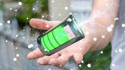 Poster - Man holding 3D render battery with lightning in his hand