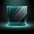 Vector Empty Transparent Glass Box Cube on Dark Black Background with Blue Turquoise Backlight