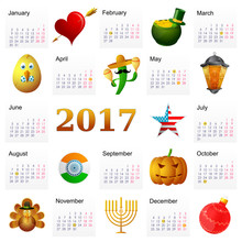 Year 2017 Calendar With Holiday Symbols
