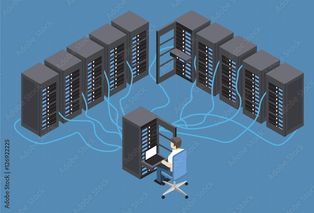 Isometric Vector Illustration diagnostic test in a server computer room ...