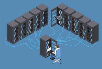 Isometric Vector Illustration diagnostic test in a server computer room.Server test in room. Technology communication. Technician using laptop in server room at the data centre. Infographics