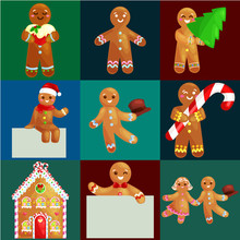Set Christmas Cookies Gingerbread Man And Girl Near Sweet House Decorated With Icing Dancing And Having Fun In A Cap With The Christmas Tree And Gifts, Xmas Sweet Food Vector Illustration