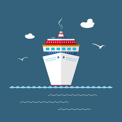 Cruise Ship at Sea, Front View of the Liner, Travel Concept , Vector Illustration