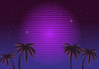 80s Retro Neon gradient background. Palms and sun. Tv glitch effect. Sci-fi beach.