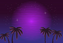 80s Retro Neon Gradient Background. Palms And Sun. Tv Glitch Effect. Sci-fi Beach.