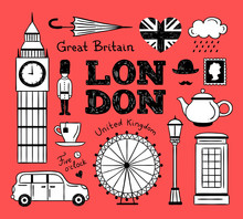 London Hand Drawn Illustrations. London Great Britain English Icons For Travelling