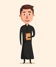 Young Catholic Priest. Cartoon Vector Illustration.