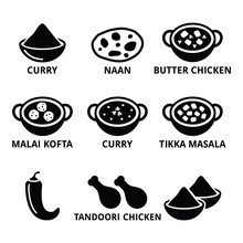 Indian Food And Dishes - Curry, Naan Bread, Butter Chicken Icons