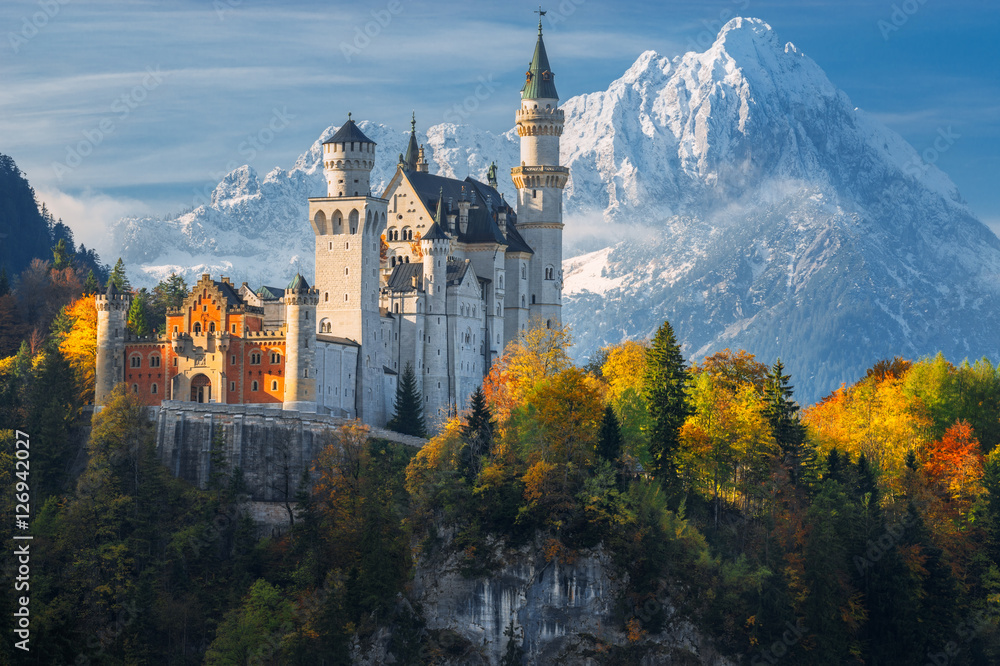 Famous Neuschwanstein Castle with scenic mountain landscape near Füssen, Bavaria, Germany - obrazy, fototapety, plakaty 