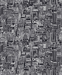 Hand drawn seamless pattern with big city New York. Vector vintage illustration with NYC architecture, skyscrapers, megapolis, buildings, downtown.