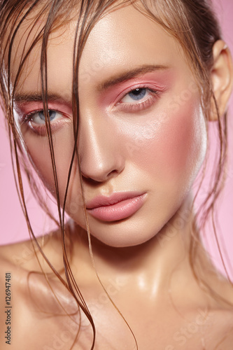 Portrait of girl with bright pink make-up. Poster