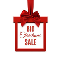 Poster - Big Christmas sale, square banner in form of gift with red ribbon.