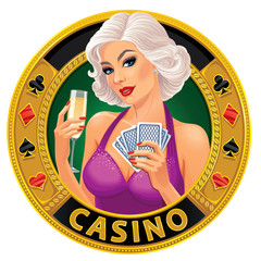 Vector illustration. Beautiful young blonde  lady in evening dress holding playing cards and glass of champagne. Concept design for a casino advertising