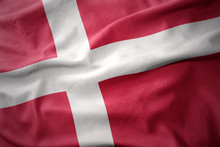 Waving Colorful Flag Of Denmark.