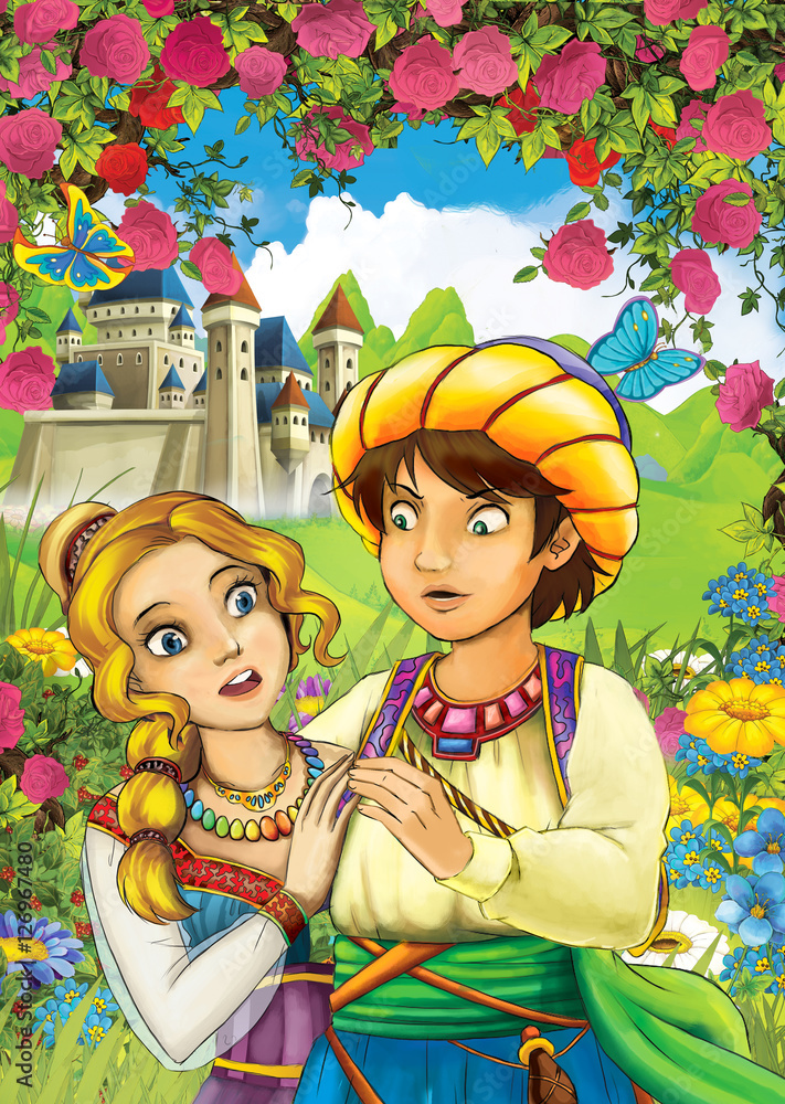 Cartoon scene of loving couple - prince and princess - castle in the ...