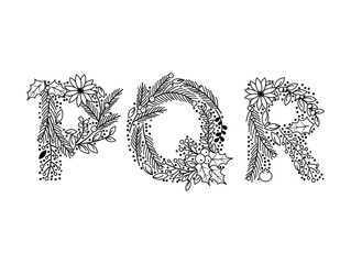 Wall Mural - Christmas or Winter Themed Floral Alphabet in Line Art Style - Vector