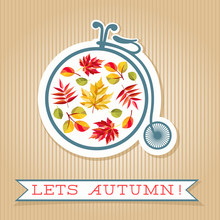 Lets Autumn Card. Retro Bicycle, Colorful Autumn Leaves And Banner With Text.