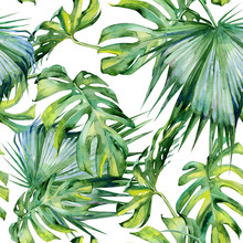 Seamless Watercolor Illustration Of Tropical Leaves, Dense Jungle. Hand Painted. Banner With Tropic Summertime Motif May Be Used As Background Texture, Wrapping Paper, Textile Or Wallpaper Design.