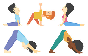 Wall Mural - Vector set of men and women practicing yoga.