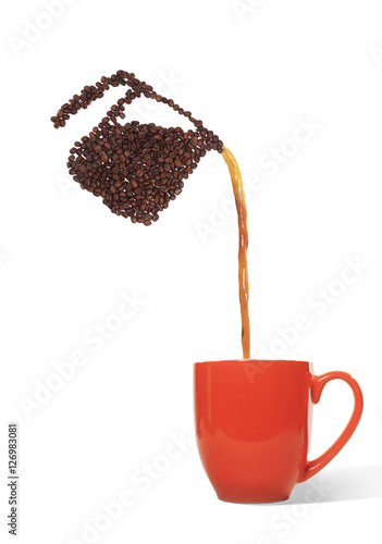Fotografie, Obraz Coffee Pot Made of Coffee Beans Pouring Coffee into Cup