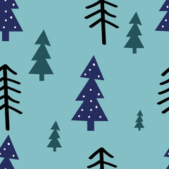  Winter pattern with hand drawn christmas trees on blue background. Christmas wrapping paper. Vector illustration.