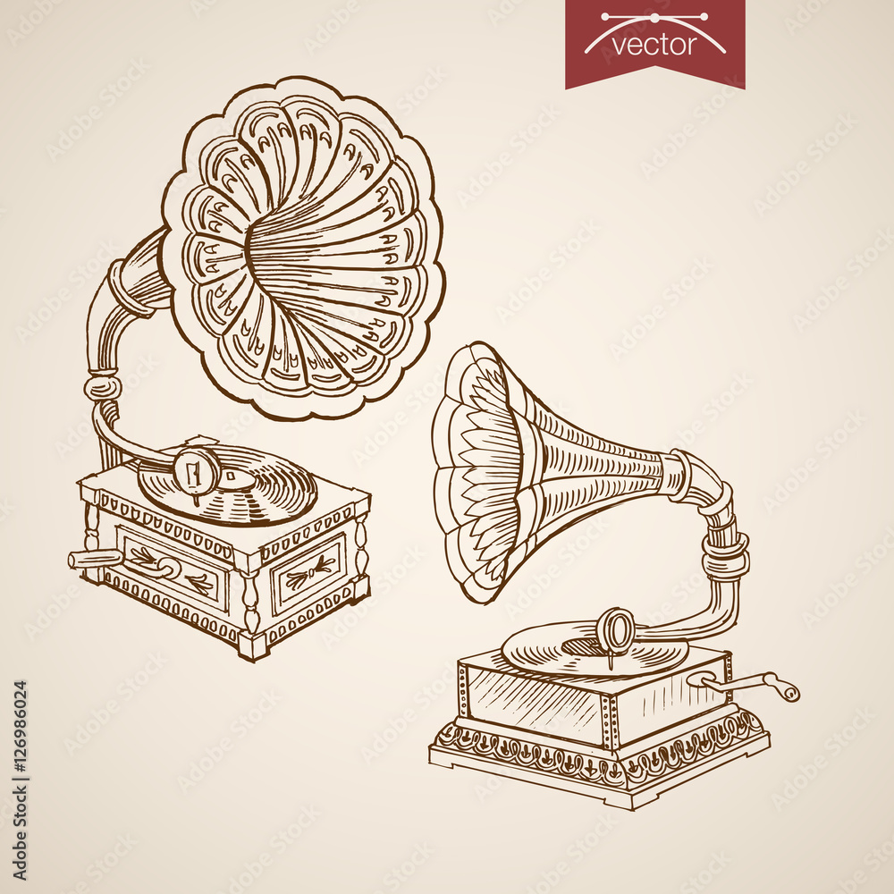 Engraving vintage vector gramophone Sketch retro music recorder