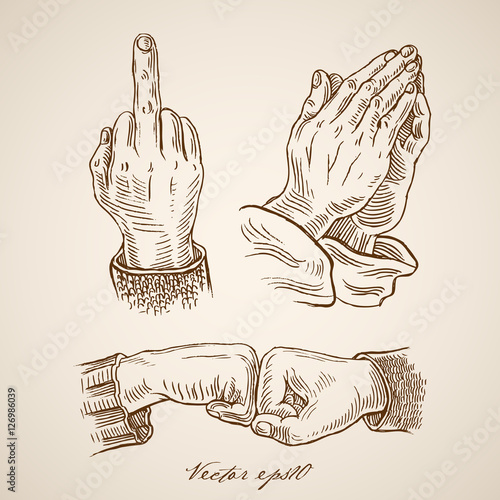 Fotografie, Obraz Engraving vintage vector fingers Signals of hands. communication