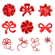Flat Red Gift Bows Ribbon Isolated Vector Holidays Celebrations.