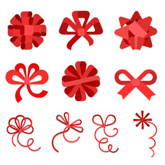 Flat Red gift bows ribbon isolated vector Holidays celebrations.