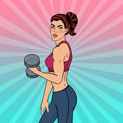 Pop Art Athletic Strong Woman Exercising with Dumbbells. Vector illustration