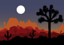 Night Landscape With Joshua Tree And Mountains. Vector Illustration.