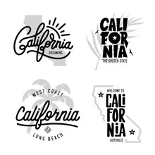 California Related T-shirt Vintage Style Graphics Set. Vector Illustration.
