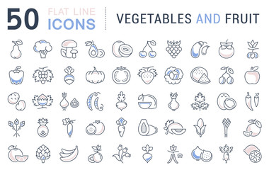 Set Vector Flat Line Icons Vegetables and Fruit