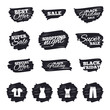 © blankstock - Ink brush sale stripes and banners. Clothes icons. T-shirt with business tie and pants signs. Women dress symbol. Black friday. Ink stroke. Vector
