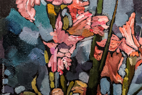 Zdjęcie XXL malowanie martwa natura tekstury oleju, irysy sztuka impresjonizmu, malowany obraz kolorowy, tła i tapety, kwiatowy wzór na płótnie