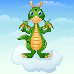 Wall Mural - Cute cartoon green dragon giving thumbs up on the cloud