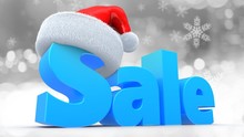 3d Illustration Of Blue Sale Sign With Christmas Hat Over Snow Background