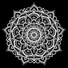 Wall Mural - Mandala, highly detailed zentangle inspired illustration, ethnic tribal tattoo motive, white ink on black isolated background. Anti-stress illustration.