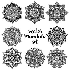 Wall Mural - Set of abstract design element. Round mandalas in vector. Graphic template for your design. Decorative retro ornament. Hand drawn background with flowers.