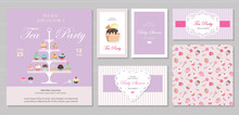 Cute Templates With Cupcakes Stand And Sweets In Pastel Colors. Cards And Posters. For Bridal, Baby Shower, Birthday.