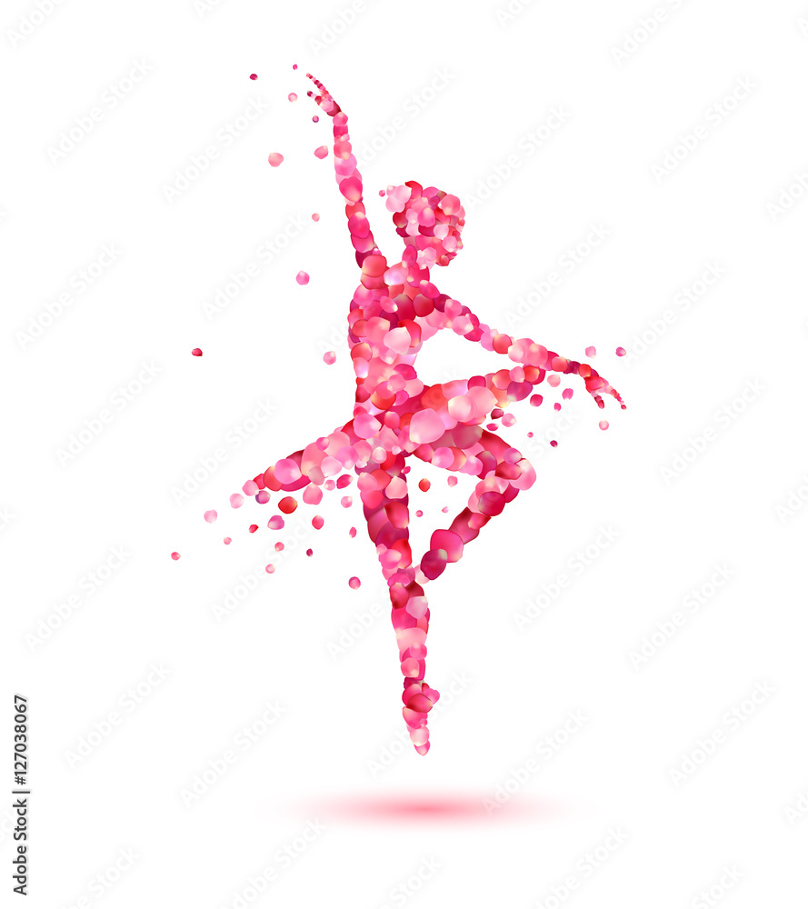 ballerina silhouette of pink rose petals - obrazy, fototapety, plakaty 