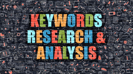 Wall Mural - multicolor keywords research and analysis on dark brickwall.